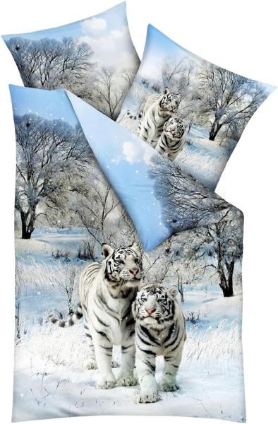 JACK Bettwäsche Schnee Tiger Raubkatze Winter Schnee Kaeppel, Mako-Satin, 2 teilig, hochwertiger Digitaldruck, elegantes Schneetigermotiv, Baumwolle