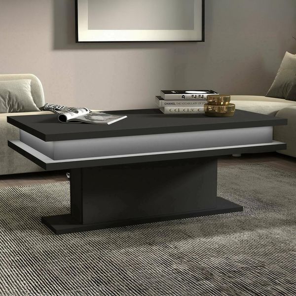 Dmora - Couchtisch Leon, Wohnzimmer-Couchtisch, niedriges Aufbewahrungselement, Couchtisch, 100 x 55 x 42 cm, Anthrazit mit LED-Licht