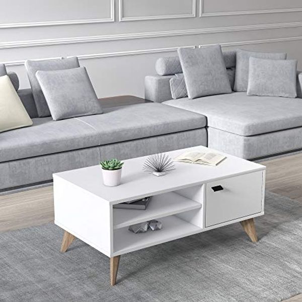 Dmora Couchtisch mit einer Tür und zwei Fächern, 100 x 55 x 43 cm, weiße Farbe