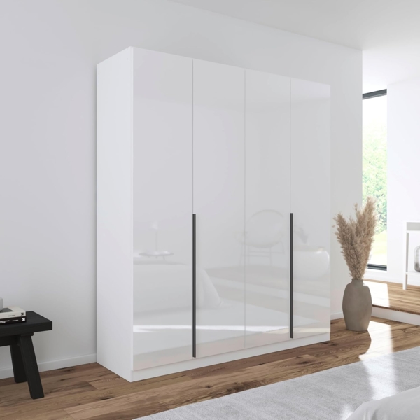 Rauch Möbel Alabama, Kleiderschrank, Garderobenschrank, 4-türig, Zubehör Classic, 2 Kleiderstangen, 5 Einlegeböden, Farbe Hochglanz Weiß/Weiß, Griff Grau metallic, 181 x 210 x 57 cm Bild 2
