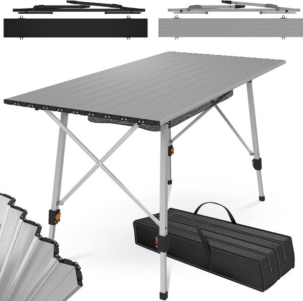 MIADOMODO® Campingtisch - Klappbar, Höhenverstellbar, 90x45 cm, aus Aluminium, mit Tragetasche, Stauraum, Leicht, Outdoor und Indoor, Silber - Klapptisch, Gartentisch, Falttisch, Alutisch