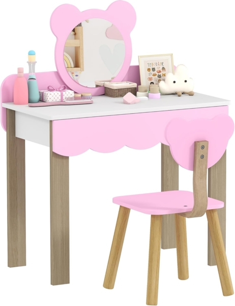 AIYAPLAY Schminktisch mit Hocker, Spiegel, Schubladen, Zubehör (Frisiertisch aus Holz, 2-St, Make-up Tisch Set im Bärendesign), Prinzessin Kosmetiktisch für Mädchen 3-8 Jahre Rosa