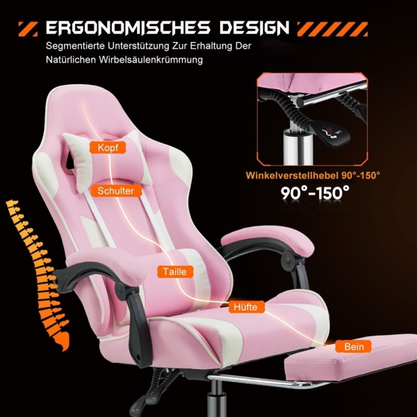 DUMOS Gaming Stuhl Ergonomischer Gaming Stuhl mit Fußstütze Atmungsaktiver PC Stuhl mit verstellbare Lendenkissen Kopfkissen und Armlehnen 150 kg Belastbarkeit Drehsessel Bild 4
