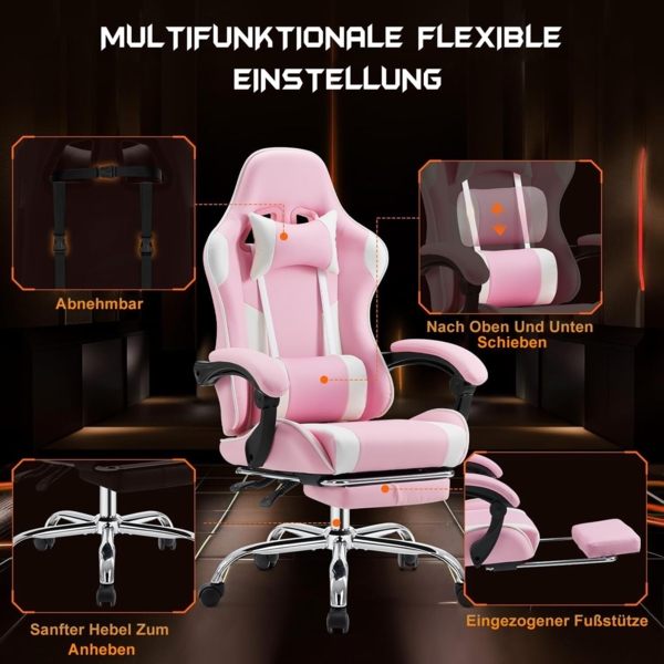 DUMOS Gaming Stuhl Ergonomischer Gaming Stuhl mit Fußstütze Atmungsaktiver PC Stuhl mit verstellbare Lendenkissen Kopfkissen und Armlehnen 150 kg Belastbarkeit Drehsessel Bild 6