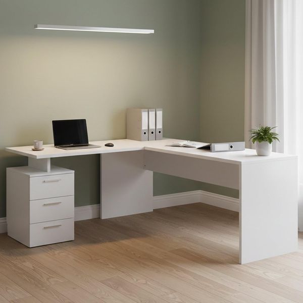 Dmora Eckschreibtisch, Made in Italy, Minimaler Computertisch, Schreibtisch für PC, 160x60h75 cm, glänzend weiße Farbe