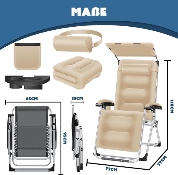 KESSER® Sonnenliege Liegestuhl, klappbare Gartenliege extra breit & Wetterfest, Belastbar 200kg, Ergonomisches Polster, verstellbare Rückenlehne inkl. Nackenkissen, Getränkehalter & Armpolster Beige, Liege (Mit Sonnendach) Bild 2
