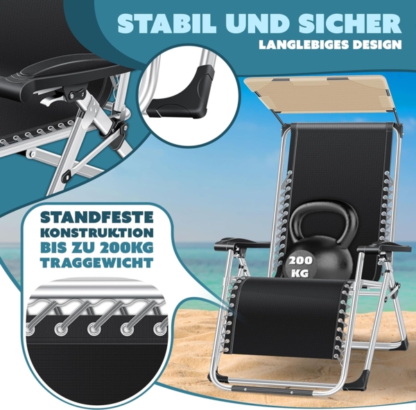 KESSER® Sonnenliege Liegestuhl, klappbare Gartenliege extra breit & Wetterfest, Belastbar 200kg, Ergonomisches Polster, verstellbare Rückenlehne inkl. Nackenkissen, Getränkehalter & Armpolster Beige, Liege (Mit Sonnendach) Bild 5