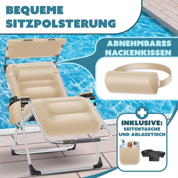 KESSER® Sonnenliege Liegestuhl, klappbare Gartenliege extra breit & Wetterfest, Belastbar 200kg, Ergonomisches Polster, verstellbare Rückenlehne inkl. Nackenkissen, Getränkehalter & Armpolster Beige, Liege (Mit Sonnendach) Bild 3
