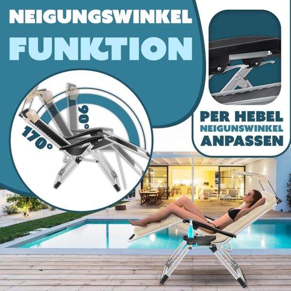 KESSER® Sonnenliege Liegestuhl, klappbare Gartenliege extra breit & Wetterfest, Belastbar 200kg, Ergonomisches Polster, verstellbare Rückenlehne inkl. Nackenkissen, Getränkehalter & Armpolster Beige, Liege (Mit Sonnendach) Bild 6