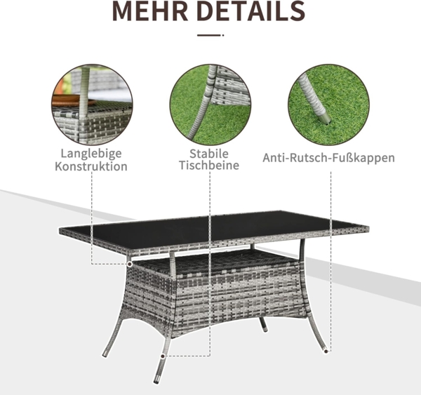 Outsunny Gartentisch Gartenmöbel Tisch, Polyrattan+Sicherheitsglas (Esstisch, 1-St, Glastisch), Grau+Schwarz, 150x85x74cm Bild 6