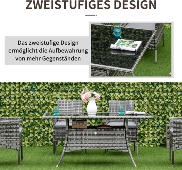 Outsunny Gartentisch Gartenmöbel Tisch, Polyrattan+Sicherheitsglas (Esstisch, 1-St, Glastisch), Grau+Schwarz, 150x85x74cm Bild 7