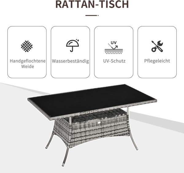 Outsunny Gartentisch Gartenmöbel Tisch, Polyrattan+Sicherheitsglas (Esstisch, 1-St, Glastisch), Grau+Schwarz, 150x85x74cm Bild 4