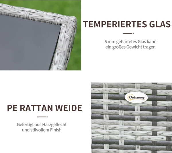 Outsunny Gartentisch Gartenmöbel Tisch, Polyrattan+Sicherheitsglas (Esstisch, 1-St, Glastisch), Grau+Schwarz, 150x85x74cm Bild 5