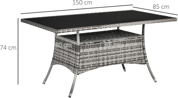 Outsunny Gartentisch Gartenmöbel Tisch, Polyrattan+Sicherheitsglas (Esstisch, 1-St, Glastisch), Grau+Schwarz, 150x85x74cm Bild 3