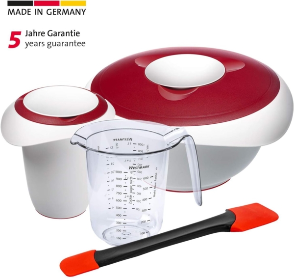 Westmark Koch- und Backset, 4tlg, Quirltopf 1 l, Rührschüssel 3,5 l je mit Deckel, Messkanne 1 l und Teigschaber, Kunststoff/Silikon, Duo, Transparent/Weiß/Rot/Schwarz, 315122E8 Bild 2