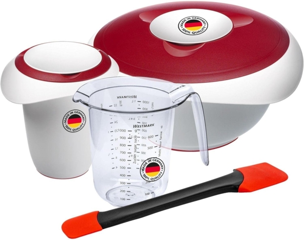 Westmark Koch- und Backset, 4tlg, Quirltopf 1 l, Rührschüssel 3,5 l je mit Deckel, Messkanne 1 l und Teigschaber, Kunststoff/Silikon, Duo, Transparent/Weiß/Rot/Schwarz, 315122E8 Bild 1