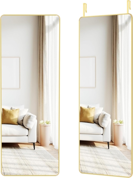 SONGMICS Ganzkörperspiegel, 120x40 cm, rechteckiger Spiegel, Wand- oder Türmontage, Rahmen aus Aluminiumlegierung, Hartglas, für Schlafzimmer, Wohnzimmer, Garderobe, blassgold LFM032AB01