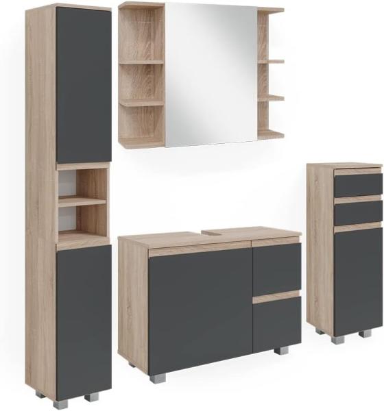 Vicco Badmöbelset J-shape Sonoma Anthrazit modern Badezimmer Schrank Badschrank Waschtischunterschrank Spiegelschrank Midischrank Hochschrank Schranktür Schrankschublade Schrankfach Ablage Aufbewahrung