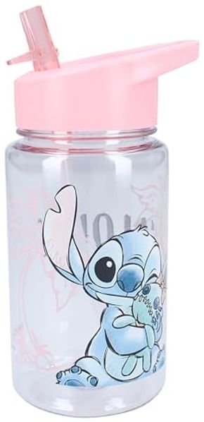 Disney Stitch Trinkflasche – 450 ml mit Strohhalm & Traggriff, transparent
