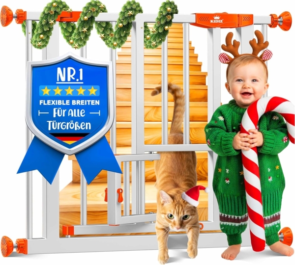 KIDIZ® Absperrgitter zum Klemmen mit Katzenklappe, Türschutzgitter, Autoclose Kinder Treppengitter ohne Bohren | 90° Stopp Schutz, schwenkbar, Treppenschutzgitter Orange, 74 - 80 cm