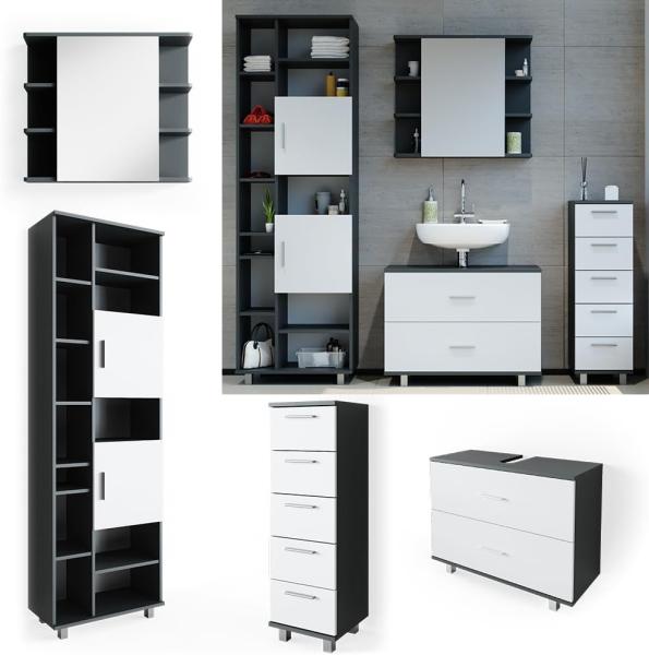 Badmöbel-Set Ilias Weiß/Anthrazit 4 Teile, mit Hochschrank Vicco Bild 2