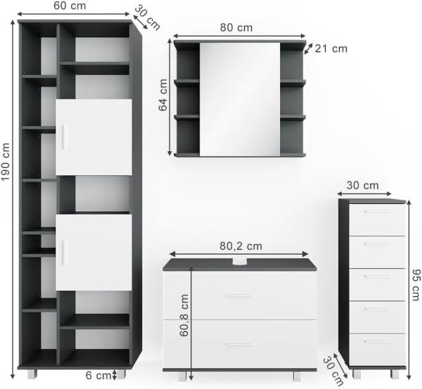 Badmöbel-Set Ilias Weiß/Anthrazit 4 Teile, mit Hochschrank Vicco Bild 3