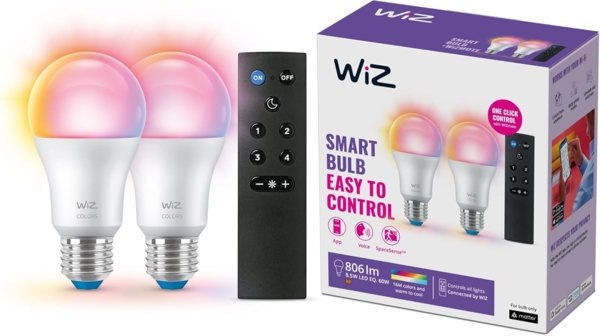 WiZ E27 LED Lampe Tunable White & Color, dimmbar, 16 Mio. Farben, smarte Steuerung per App/Stimme über WLAN, 2er-Pack inkl. WiZmote Fernbedienung