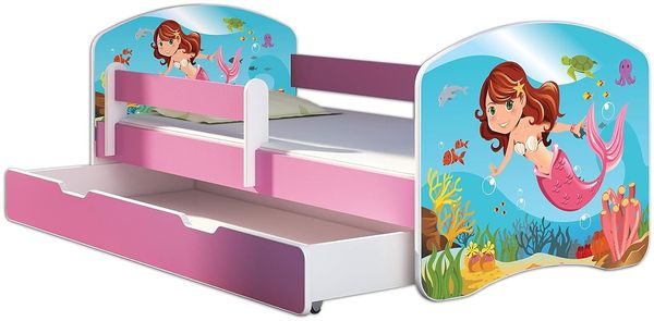 Kinderbett Jugendbett mit einer Schublade und Matratze Rausfallschutz Rosa 70x140 80x160 80x180 ACMA II (09 Meerjungfrau, 80x160 cm mit Bettkasten)