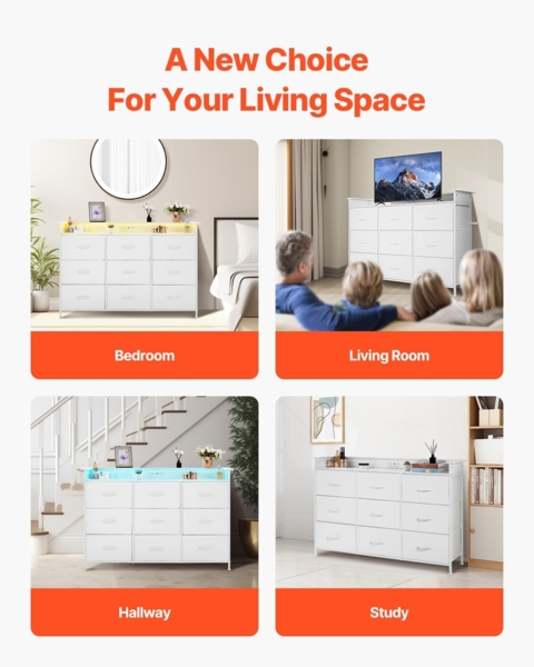 VEVOR Kommode mit 9 Schubladen & Stoffbehälter, Schrankschubladen mit stabilem Metallrahmen, LED-Leuchten und integrierter Steckdose, Stoff-Aufbewahrungsturm für Schlafzimmer Flur Schrank, weiß Bild 8