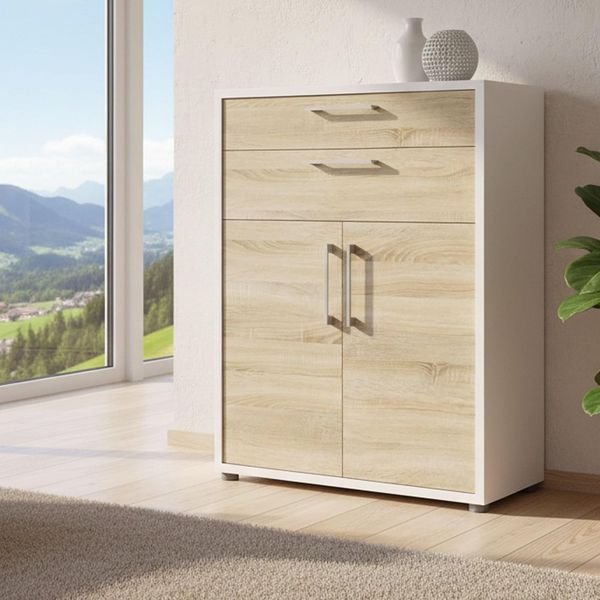 Dmora - Kommode Jemima, Wohnzimmerbuffet, Wohnzimmer-Sideboard, Moderne Küchen-Speisekammer, 89x40 h113 cm, Weiß und Eiche