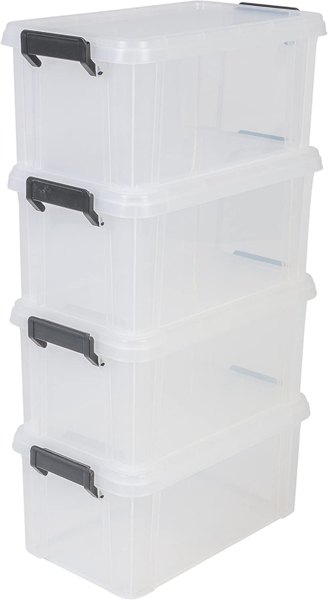 Iris Ohyama, Plastik Aufbewahrungsbox mit Deckel, 6L, 4er Set, Transparent, Verschlussclips, Griff, Stapelbar, Solide & Langlebige Organisation, Für Zimmer, Garage, Büro, MBX-6