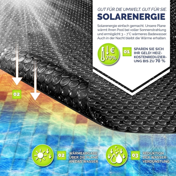 tillvex® Premium Pool Solarabdeckplane 400 µm Rund Ø 549 cm | Solarfolie Wärmeplane zuschneidbar | Solarplane Solarabdeckung | Poolheizung Poolsolarplane für Wassererwärmung Bild 7