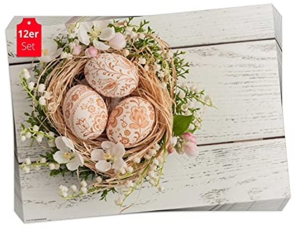 Tischsetmacher Platzset Tischset Frühling, Ostern & Blumen - Osternest mit bunten Ostereiern, (aus Naturpapier in Aufbewahrungsmappe, 12-St, 44 x 32 cm / orange-weiß), Made in Germany
