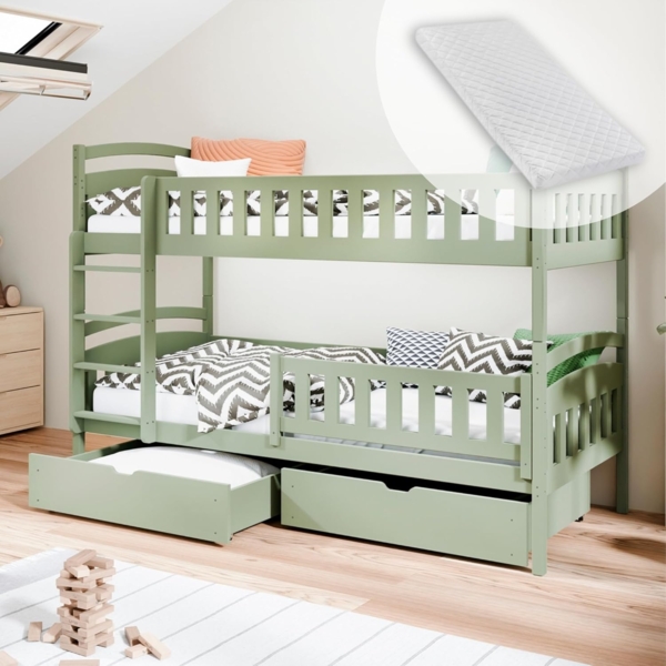 Kids Collective Etagenbett Hochbett Kinderbett 80x180 90x200 umbaubar in zwei Einzelbetten, 90x200 cm mit zwei Matratzen und Schubladen Lattenrost Olivgrün