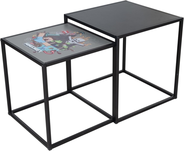 MINECRAFT - Beistelltische, 2er Set, Nachttische, Gaming Möbel mit dunklem Design und bunten Minecraft Print