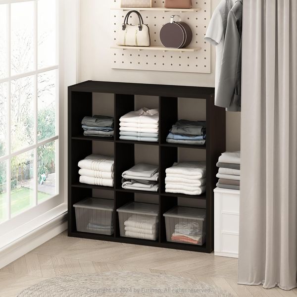 Furinno Cubic Offenes Rückwand-Multifunktionsregal für Kleidung & Schrankaufbewahrung, 9-Fächer, Dunkle Eiche