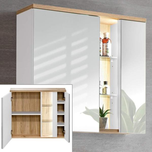 LED Spiegelschrank 80cm BERMUDA-56, weiß mit Wotaneiche Nb, B x H x T ca. 80 x 70 x 20 cm