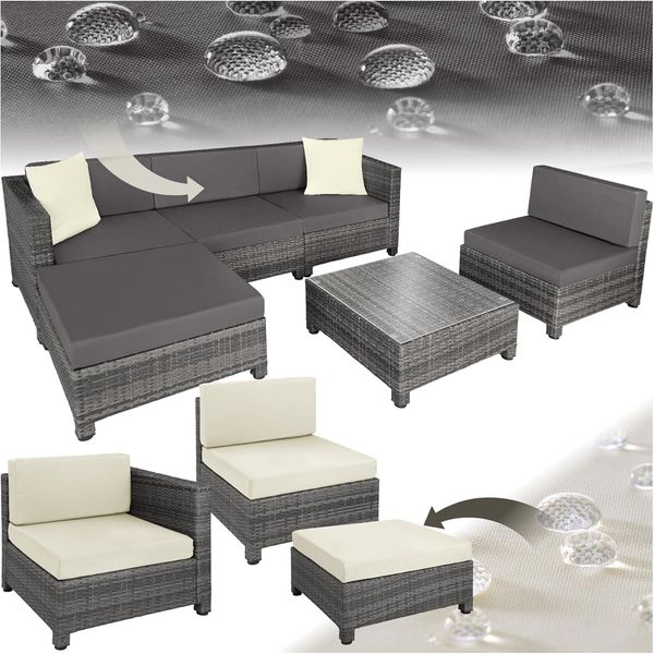 tectake Gartenmöbel Set, Lounge aus Poly Rattan und Aluminium, Balkon Möbel Set mit 10 cm Polsterung und Kissen, ideal für Garten und Balkon, inkl. 2 Sessel, 2 Ecksessel, 1 Tisch, 1 Hocker - grau