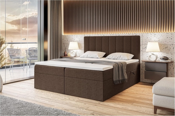 MEBLINI Boxspringbett ERLING 200x220 cm mit Bettkasten - H4/Braun Webstoff Polsterbett - Doppelbett mit Topper & Bonellfederkern-Matratze