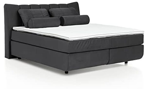 Mivano Free Boxspringbett/Bett mit 7-Zonen-Taschenfederkern-Matratze und Premium Topper/Härtegrad H2 + H4, Velours Cosy Dunkelgrau, Liegefläche 180x200 cm