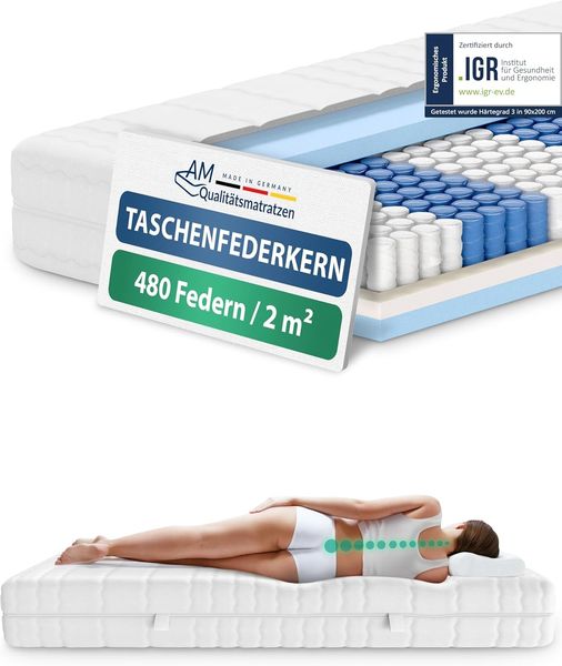 Orthopädische 7-Zonen Taschenfederkernmatratze 80x190 cm - H2 Matratze - Made in Germany