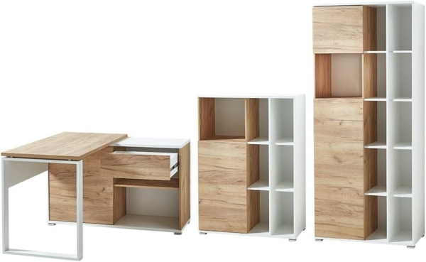 Germania 3-TLG. Büromöbel-Set 8017-513 GW-Lioni, inklusive Schreibtisch und Zwei Aktenschränke, im Dekor Weiß/Navarra-Eiche-Nb.
