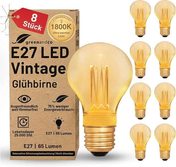greenandco 8x Vintage Design LED Birne zur Stimmungsbeleuchtung | E27 A60 | gold | 2W 65lm | 1800K extra warmweiß | 320° | 230V | flimmerfrei | nicht dimmbar | Edison Glühbirne
