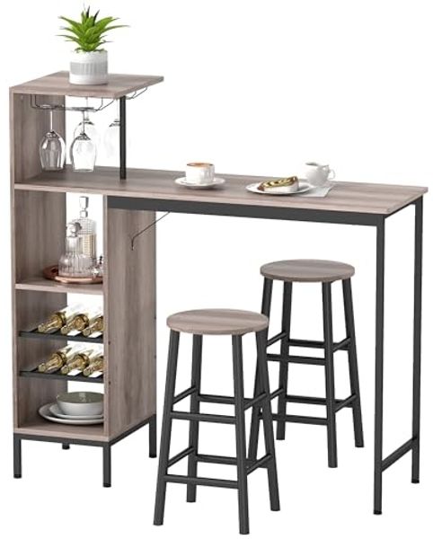 HOMCOM Bargruppe mit Stauraum, Fußstütze, (Bartisch-Set, 3-tlg, Esstisch mit 2 Stühlen), Platzsparendes Design, Grau