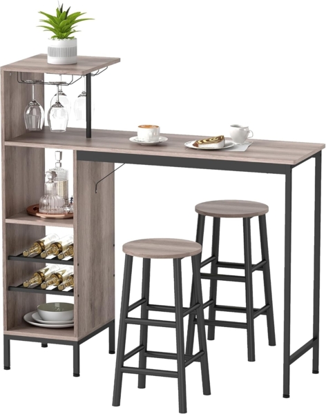 HOMCOM Bargruppe mit Stauraum, Fußstütze, (Bartisch-Set, 3-tlg, Esstisch mit 2 Stühlen), Platzsparendes Design, Grau
