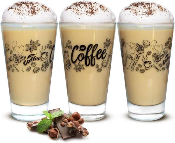 6 Latte Macchiato Gläser 310ml Kaffeegläser Teeggläser Teegläser mit schwarzem Kaffee-Aufdruck