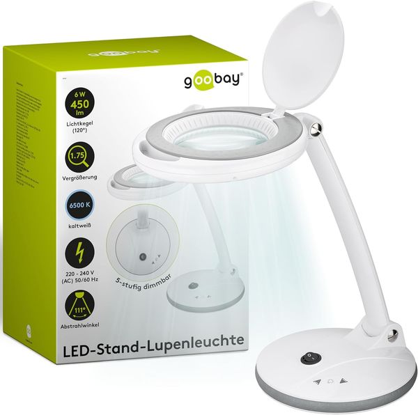 goobay 60363 Dimmbare LED Lupenleuchte/Lupenlampe mit Standfuß/Standlupe Licht / 6 W Leistungsaufnahme/Farbtemperatur 6500 K/Lichtstrom 450 lm/Betriebsspannung 230 V (AC), Weiß