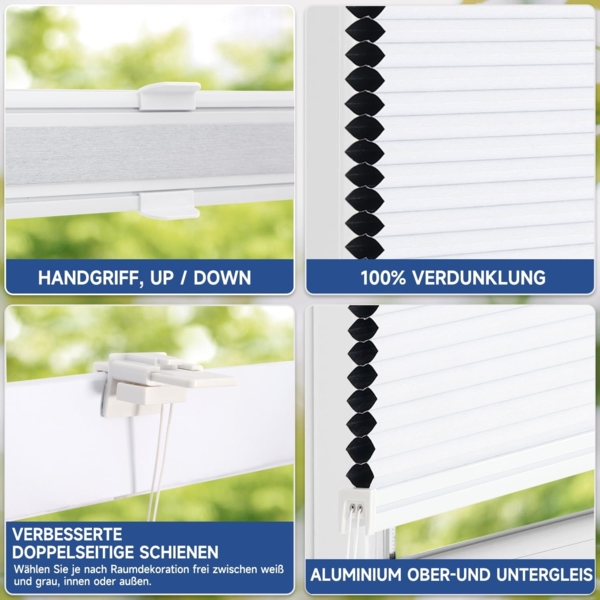 Sekey Wabenplissee Ohne Bohren Verdunkelung Rollo 100% verdunkelnd Blickdicht, Klemmfix, Aluminiumschiene, ZWeißeitig wählbar in Weiß & Grau 80x100 cm (BxH) Bild 3