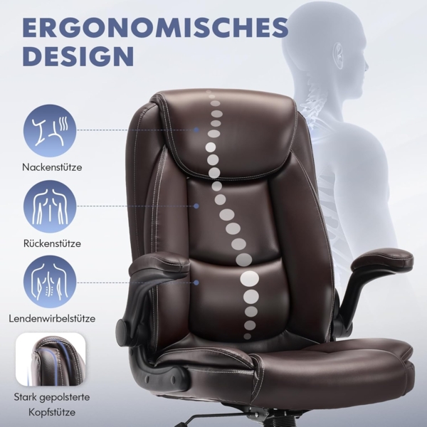 COLAMY Bürostuhl Ergonomisch, Ergonomischer Büro 360° Drehstuhl für Office, Chefsessel Stuhl mit Hochklappbaren Armlehnen, Verstellbarer Rückenlehne, Höhe & Kippspannung, 136KG Kapazität, Braun Bild 6
