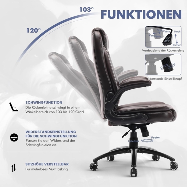 COLAMY Bürostuhl Ergonomisch, Ergonomischer Büro 360° Drehstuhl für Office, Chefsessel Stuhl mit Hochklappbaren Armlehnen, Verstellbarer Rückenlehne, Höhe & Kippspannung, 136KG Kapazität, Braun Bild 5